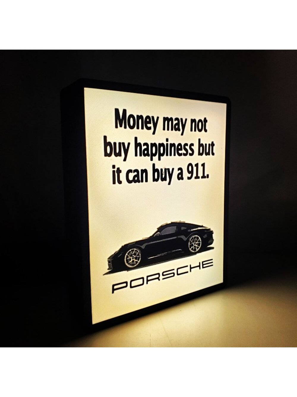 Porsche 911 Light Box Sign - "Money May Not Buy Happiness" LED Wall Art - 7.5" x